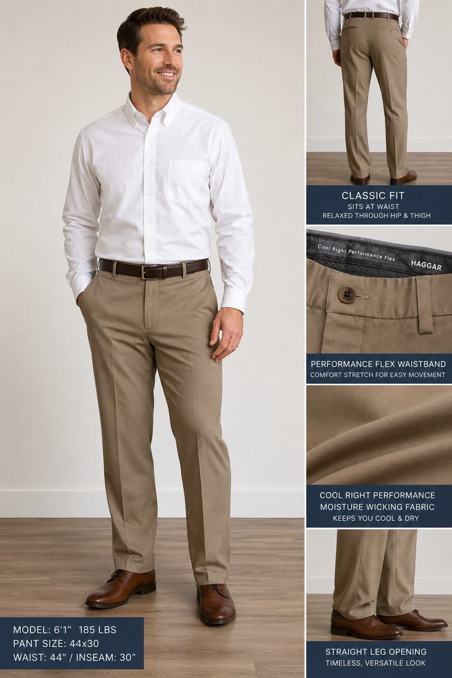 Haggar Cool Right Performance Flex Khaki Dress Pants Men's 44x30 Classic Fit